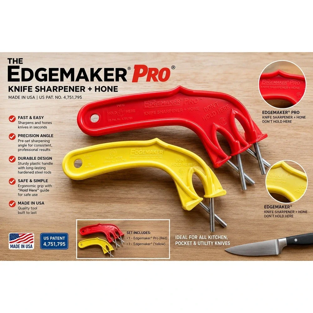 Edgemaker Pro Knife Sharpener and‎ Hone Set Red Yellow Handheld Made in USA